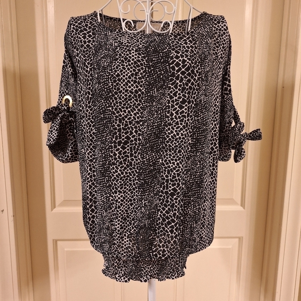 Michael Kors Dolman Sleeve Smocked Hem Blouse Animal Print Black White